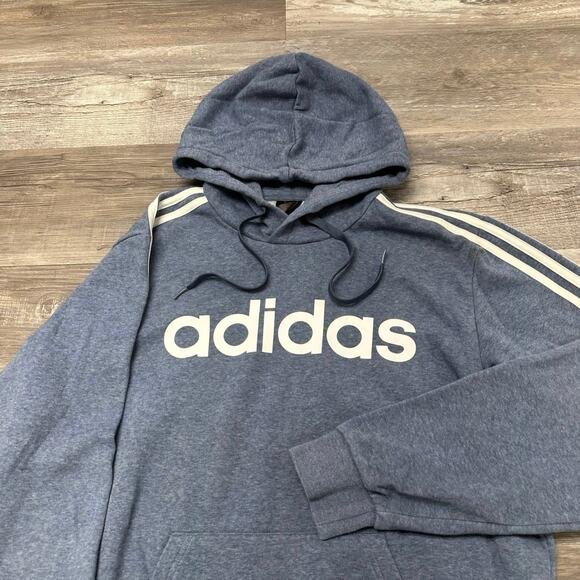 Adidas Essentials 3 Stripes Blue White Mens M Spellout Pullover Track Hoodie - Picture 3 of 11